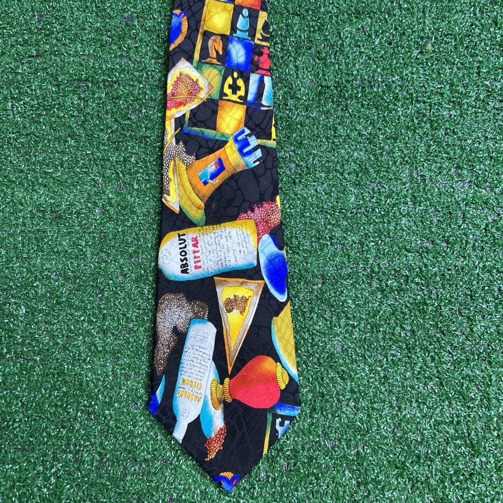 Nicole Miller 100% Silk Tie Absolut Peppar Caviar Chess Necktie Black Print
